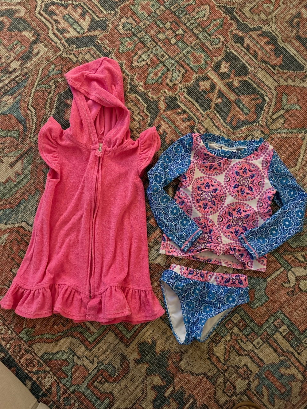 Nicole Miller Pink and Blue Long Sleeve Rashguard Swimsuit Set + Coverup